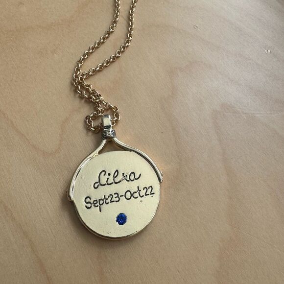 Libra Zodiac Sign Blue Crystal Medallion Pendant Necklace - Picture 8 of 8